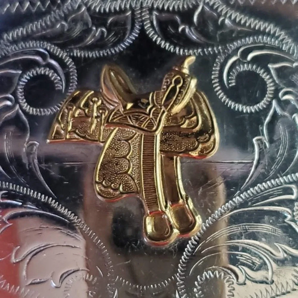Vintage Nickel Silver Western Belt Buckle Gold Tone Saddle and Stars Engraved